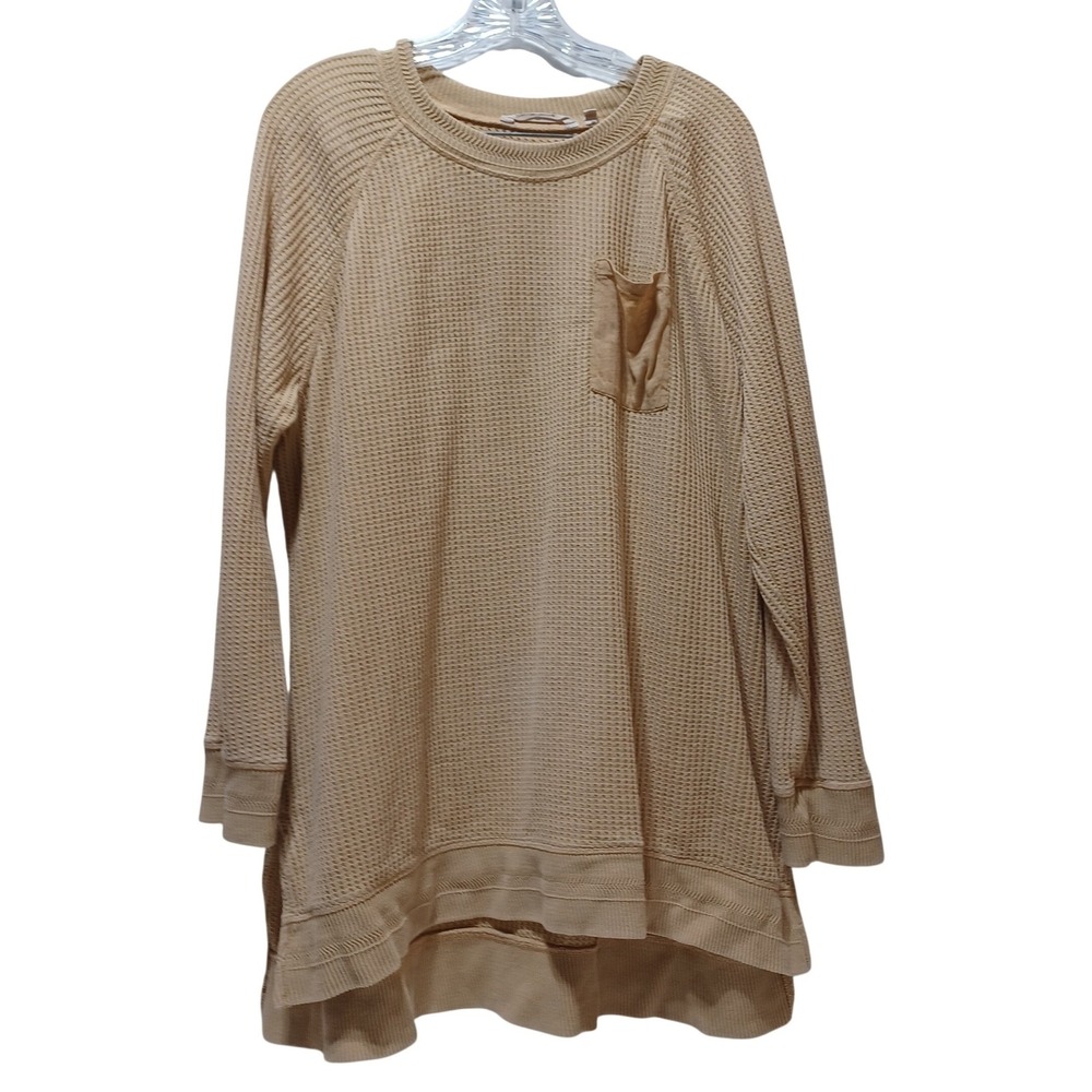 Soft Surroundings Womens Waffle Knit Tunic Plus Size 1X Tan Boho Lagenlook Comfy